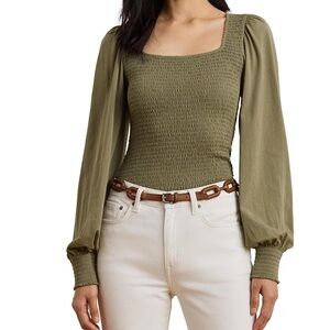 Lauren Ralph Lauren Olive Green Smocked Women's Top